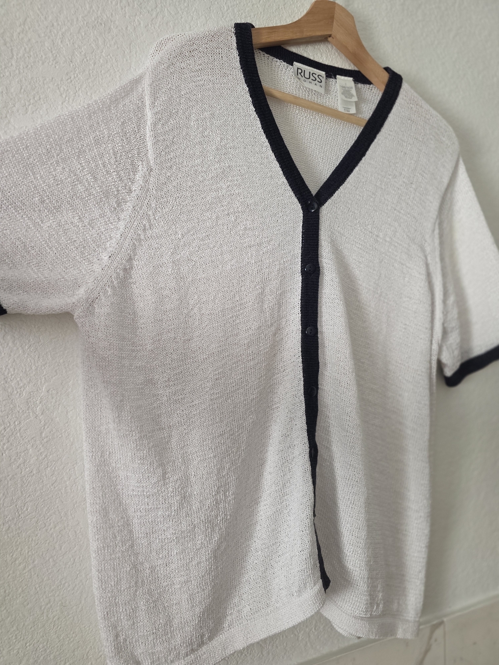 Russ Short Sleeve V-Neck Button Cardigan in White with Black Trim